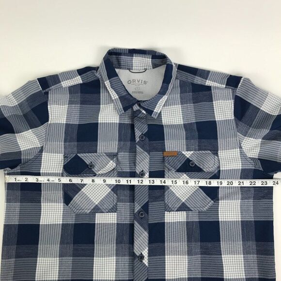 Orvis Button Up Shirt Men's Large Short Sleeve 100% Polyester Blue Plaid - Picture 5 of 9